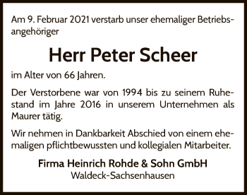 Traueranzeige von Peter Scheer von WLZ