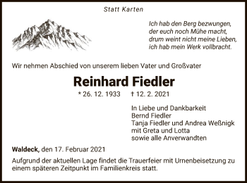 Traueranzeige von Reinhard Fiedler von WLZ