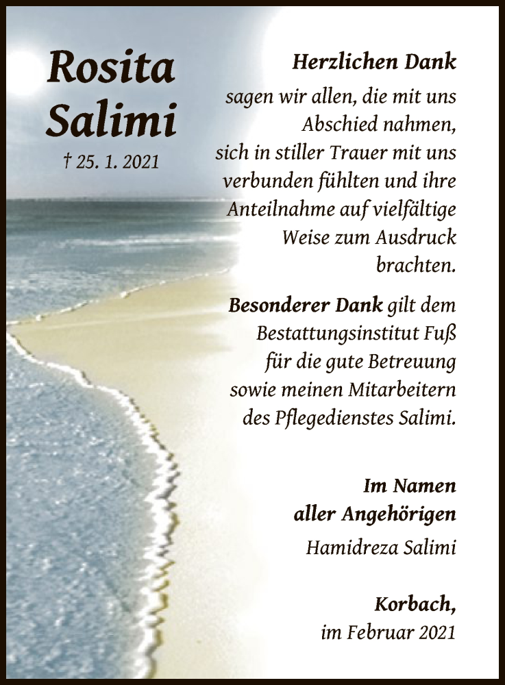  Traueranzeige für Rosita Salimi vom 20.02.2021 aus WLZ