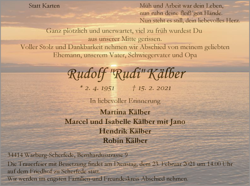  Traueranzeige für Rudolf Kälber vom 20.02.2021 aus WLZ