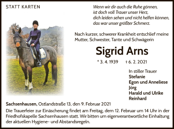 Traueranzeige von Sigrid Arns von WLZ