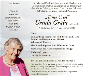 Traueranzeige von Ursula Gräbe von WLZ