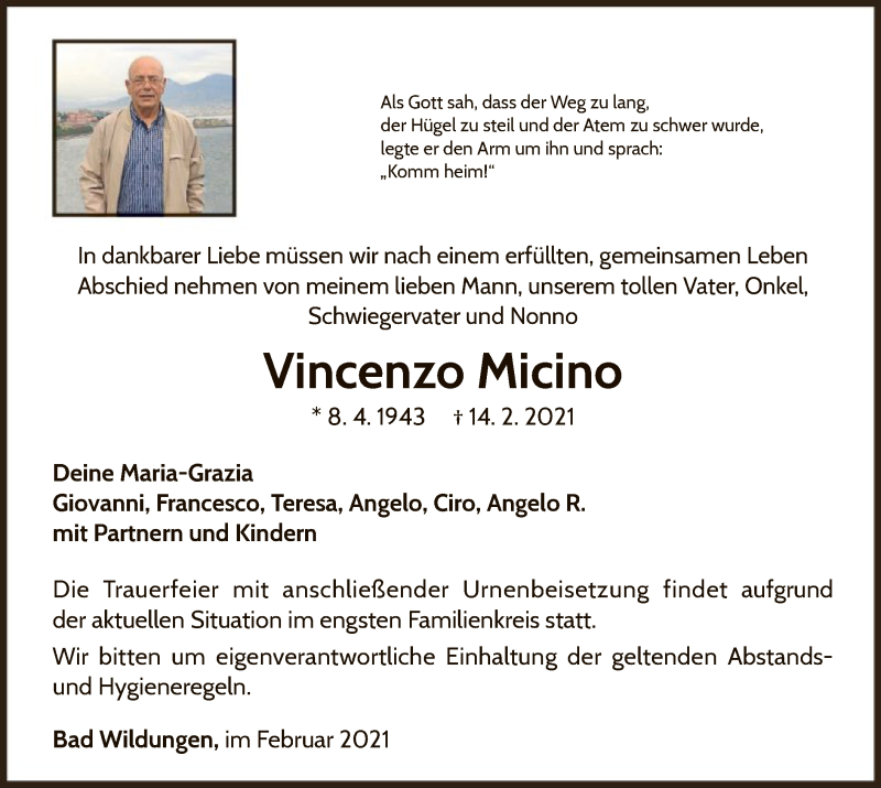 Traueranzeige für Vincenzo Micino vom 20.02.2021 aus WLZ