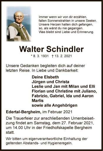 Traueranzeige von Walter Schindler von WLZ