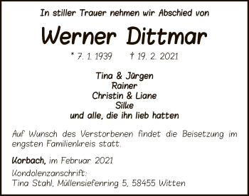 Traueranzeige von Werner Dittmar von WLZ
