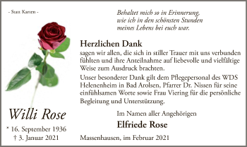 Traueranzeige von Willi Rose von WLZ