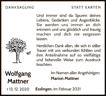 Traueranzeige von Wolfgang Mattner von WLZ