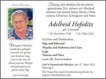 Traueranzeige von Adelheid Hofeditz von WLZ