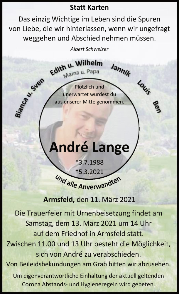  Traueranzeige für Andre Lange vom 11.03.2021 aus WLZ