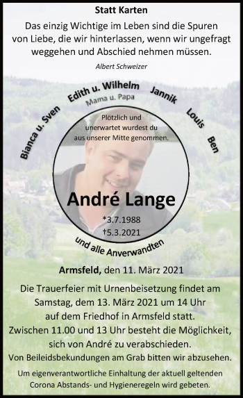 Traueranzeige von Andre Lange von WLZ