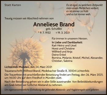 Traueranzeige von Anneliese Brand von WLZ