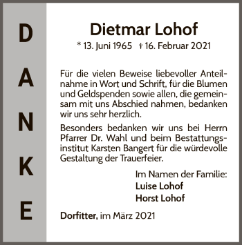 Traueranzeige von Dietmar Lohof von WLZ