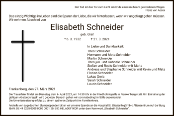 Traueranzeige von Elisabeth Schneider von HNA