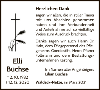 Traueranzeige von Elli Büchse von WLZ