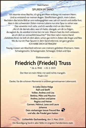 Traueranzeige von Friedrich Truss von WLZ