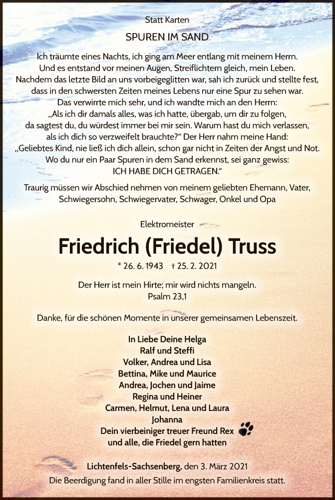  Traueranzeige für Friedrich Truss vom 03.03.2021 aus WLZ