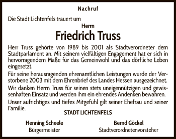 Traueranzeige von Friedrich Truss von WLZ