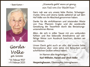 Traueranzeige von Gerda Volke von WLZ