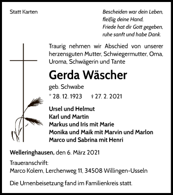 Traueranzeige von Gerda Wäscher von WLZ