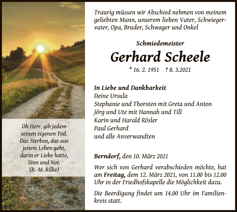  Traueranzeige für Gerhard Scheele vom 10.03.2021 aus WLZ