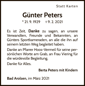 Traueranzeige von Günter Peters von WLZ