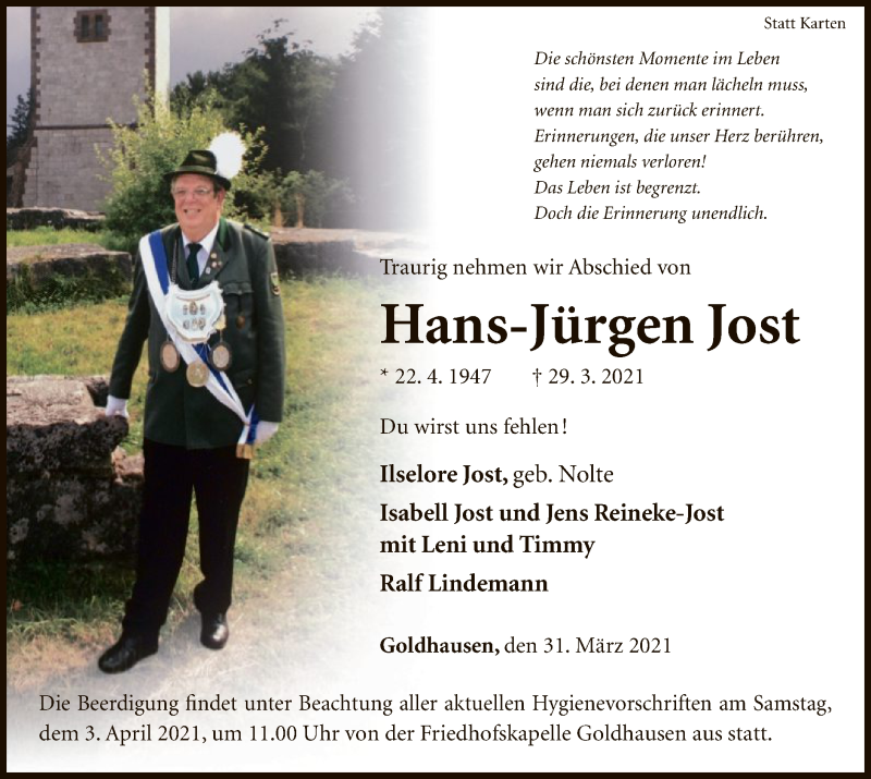  Traueranzeige für HAns-Jürgen Jost vom 31.03.2021 aus WLZ