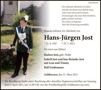 Traueranzeige von HAns-Jürgen Jost von WLZ