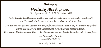 Traueranzeige von Hedwig Bloch von WLZ