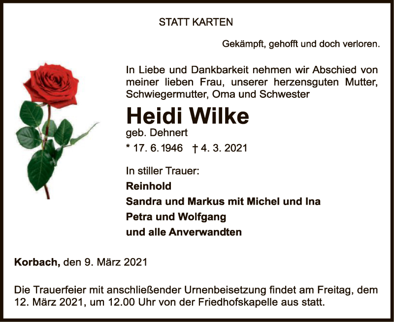  Traueranzeige für Heidi Wilke vom 09.03.2021 aus WLZ