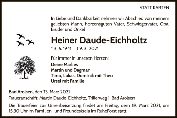 Traueranzeige von Heiner Daude-Eichholtz von WLZ