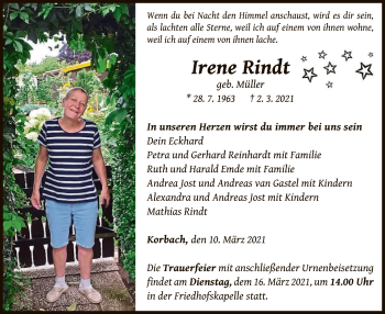 Traueranzeige von Irene Rindt von WLZ