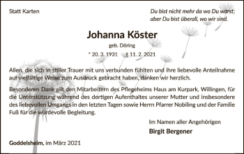 Traueranzeige von Johanna Köster von WLZ