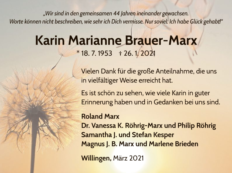  Traueranzeige für Karin Marianne Brauer-Marx vom 20.03.2021 aus WLZ