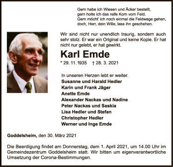 Traueranzeige von Karl Emde von WLZ