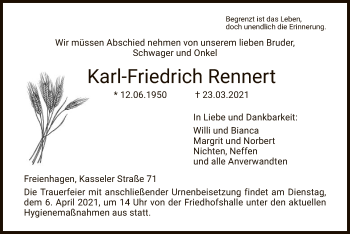 Traueranzeige von Karl-Friedrich Rennert von WLZ