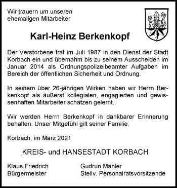 Traueranzeige von Karl-Heinz Berkenkopf von WLZ