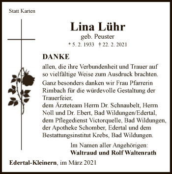 Traueranzeige von Lina Lühr von WLZ