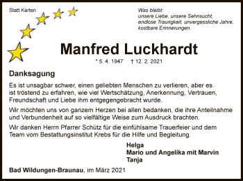 Traueranzeige von Manfred Luckhardt von WLZ