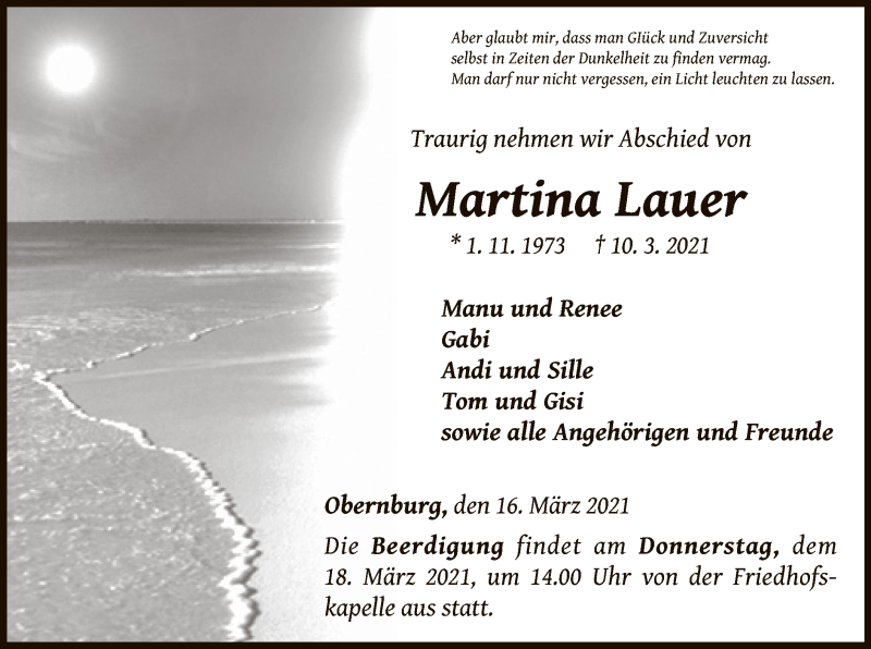  Traueranzeige für Martina Lauer vom 16.03.2021 aus WLZ