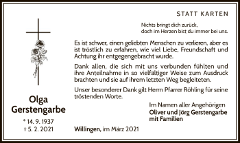 Traueranzeige von Olga Gerstengarbe von WLZ