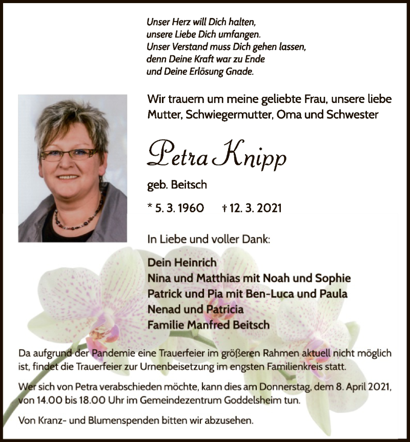  Traueranzeige für Petra Knipp vom 30.03.2021 aus WLZ