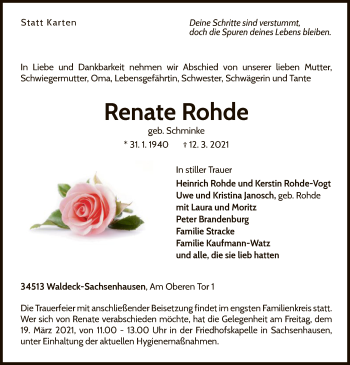 Traueranzeige von Renate Rohde von WLZ