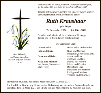 Traueranzeige von Ruth Kraushaar von HNA