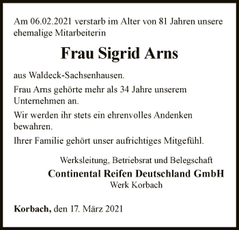 Traueranzeige von Sigrid Arns von WLZ