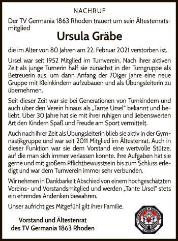 Traueranzeige von Ursula Gräbe von WLZ