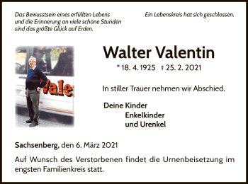 Traueranzeige von Walter Valentin von HNA