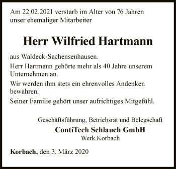 Traueranzeige von Wilfried Hartmann von WLZ