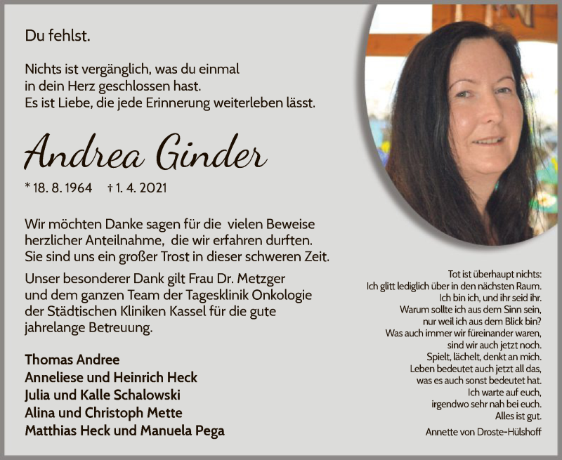  Traueranzeige für Andrea Ginder vom 24.04.2021 aus WLZ