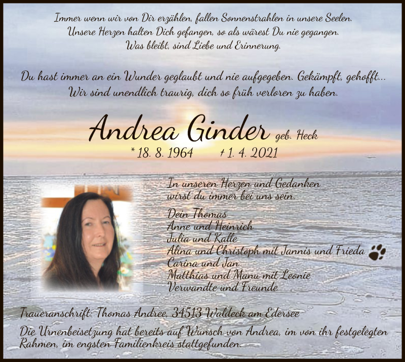  Traueranzeige für Andrea Ginder vom 16.04.2021 aus WLZ