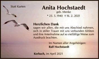 Traueranzeige von Anita Hochstaedt von WLZ